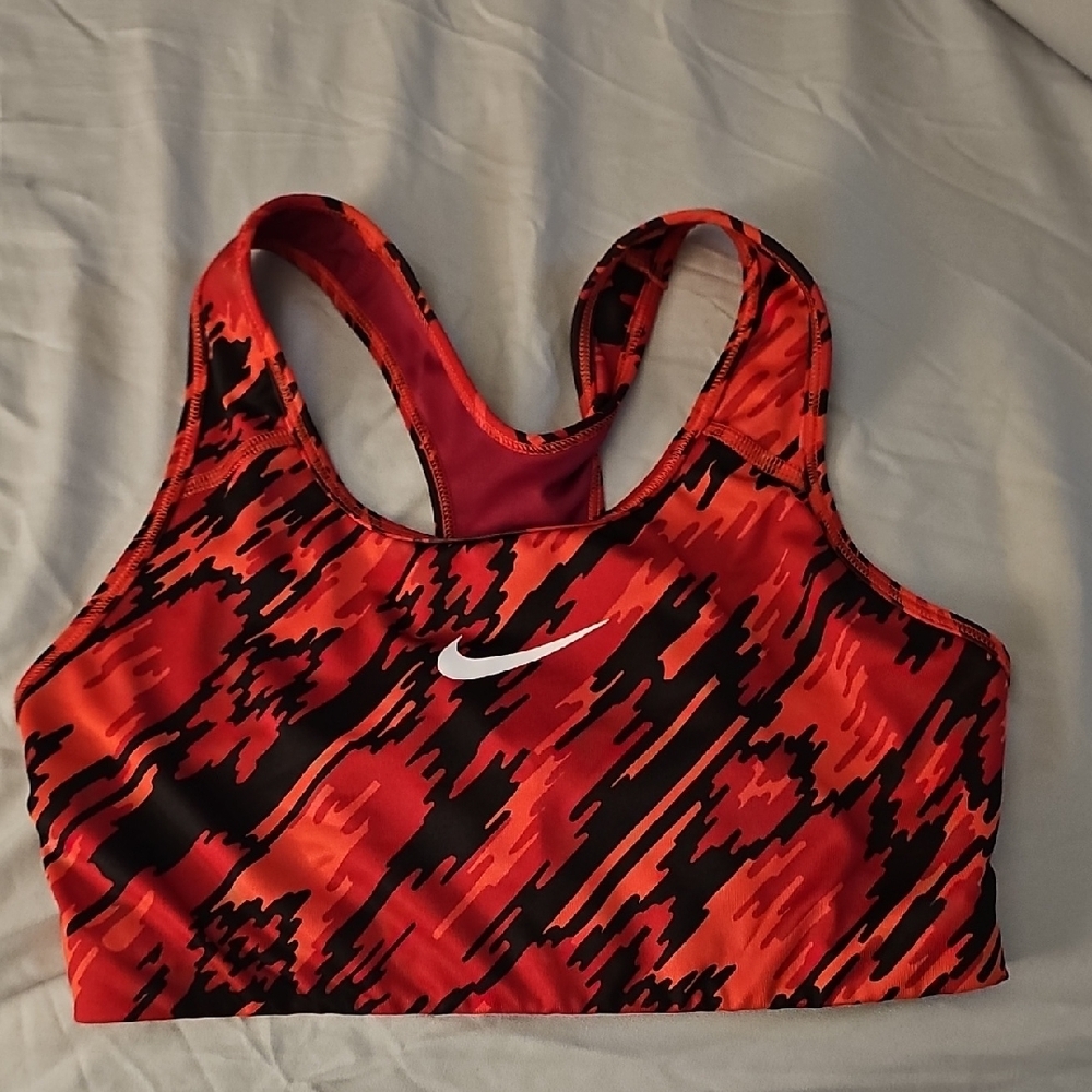 Nike Women's Dynamic Red and Black Sports Bra With White Swooh